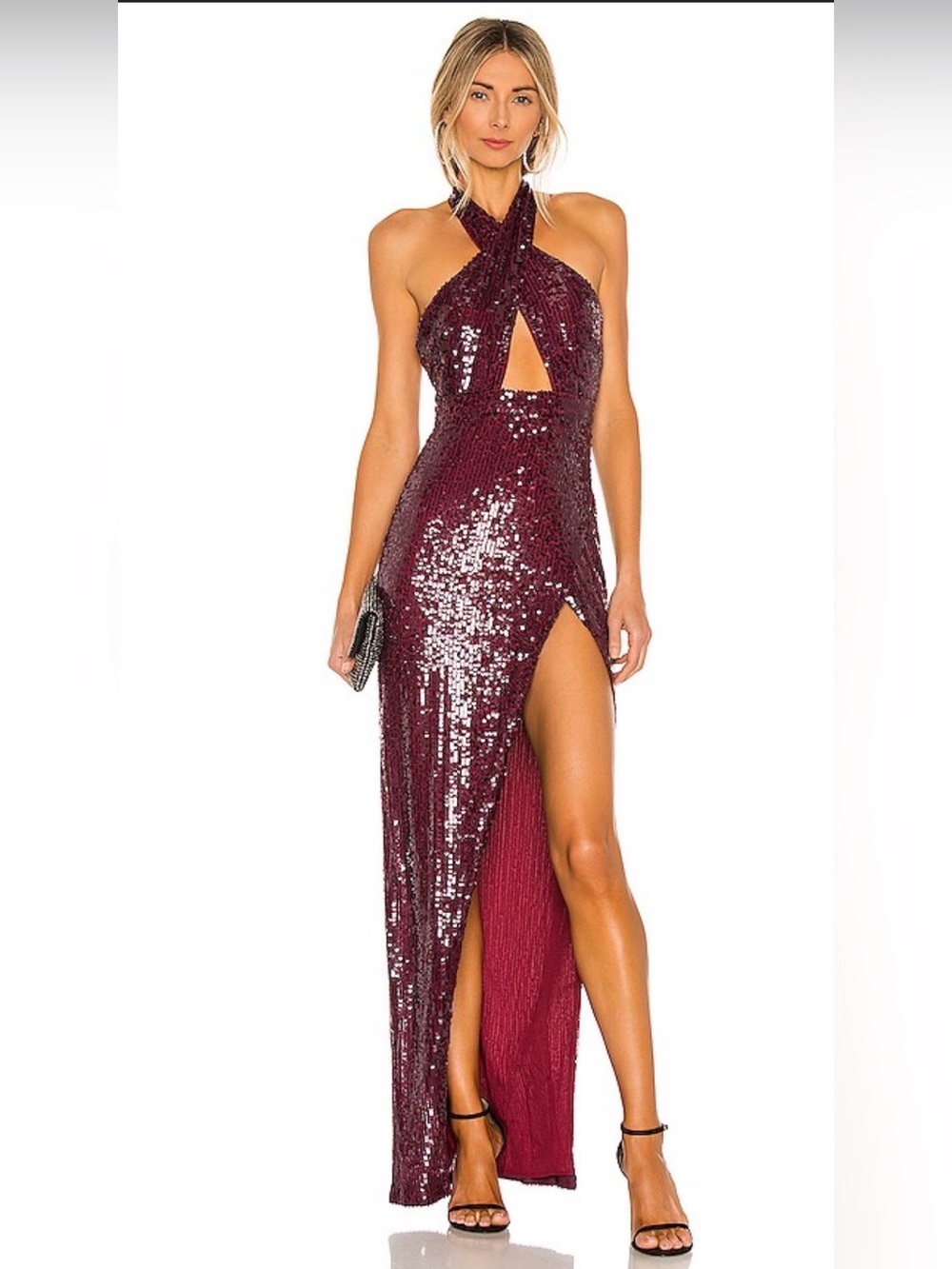 Michael Costello Twist-Halter Sequin Evening Gown in Burgundy